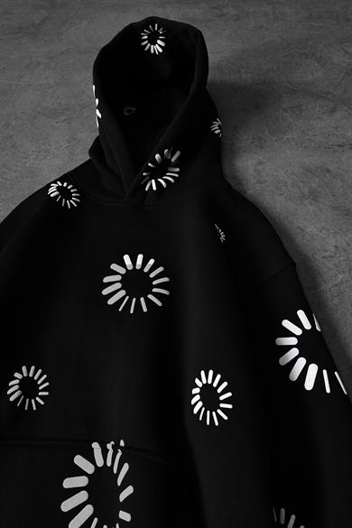 Erkek Siyah Geometrik Kabartma Baskı Oversize Kapüşonlu Sweatshirt