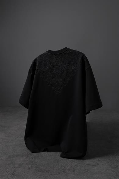 Erkek Siyah Goodly Yaka Nakışlı Tona Ton Oversize Tshirt
