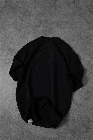 Erkek Siyah Goodly Yaka Nakışlı Tona Ton Oversize Tshirt