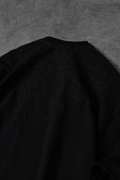 Erkek Siyah Goodly Yaka Nakışlı Tona Ton Oversize Tshirt