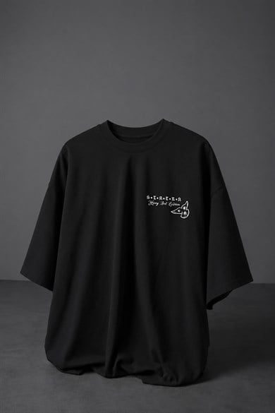 Erkek Siyah Heavy Kabartma Baskı Oversize Tshirt