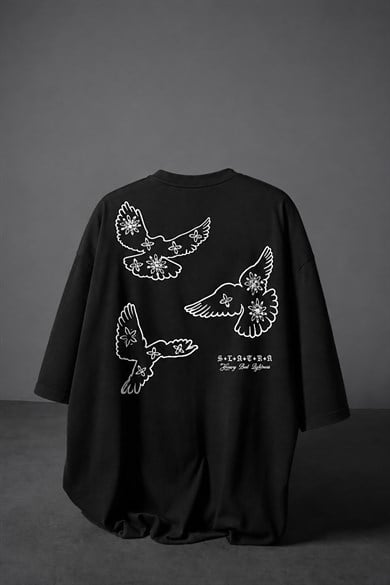 Erkek Siyah Heavy Kabartma Baskı Oversize Tshirt