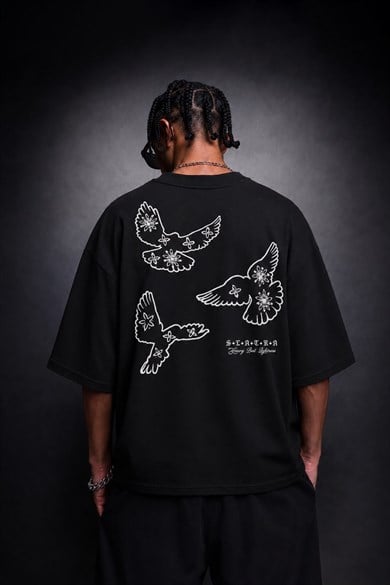 Erkek Siyah Heavy Kabartma Baskı Oversize Tshirt