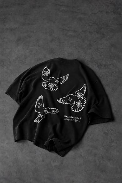 Erkek Siyah Heavy Kabartma Baskı Oversize Tshirt