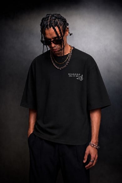 Erkek Siyah Heavy Kabartma Baskı Oversize Tshirt