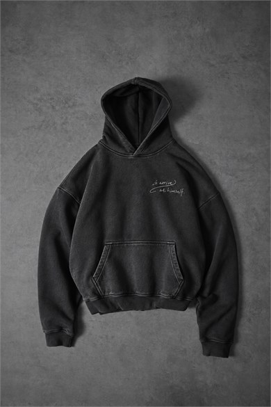Erkek Siyah Himself Patch Özel Yıkamalı Oversize Hoodie