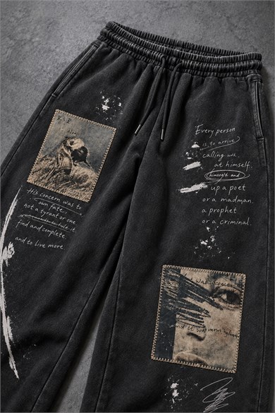 Erkek Siyah Himself Patch Özel Yıkamalı Baggy Eşofman