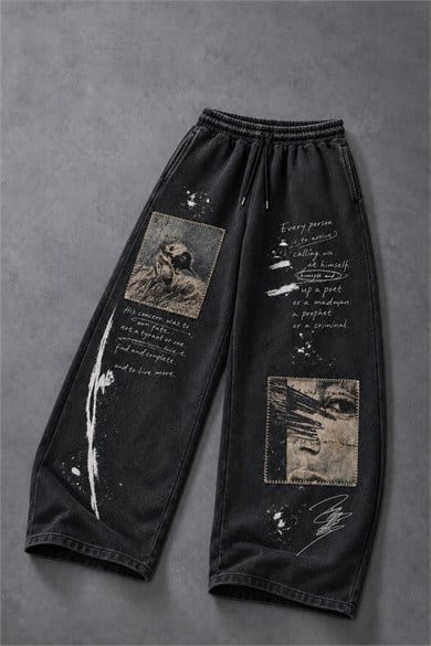Erkek Siyah Himself Patch Özel Yıkamalı Baggy Eşofman