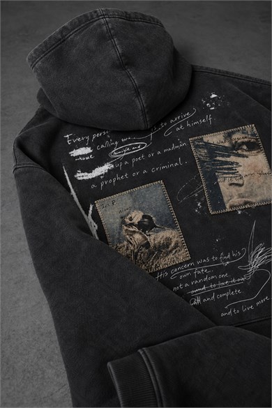 Erkek Siyah Himself Patch Özel Yıkamalı Oversize Hoodie