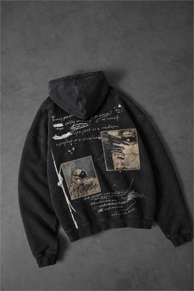 Erkek Siyah Himself Patch Özel Yıkamalı Oversize Hoodie