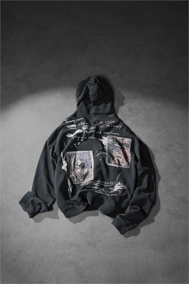 Erkek Siyah Himself Patch Özel Yıkamalı Oversize Hoodie