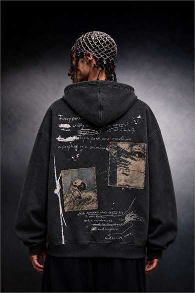Erkek Siyah Himself Patch Özel Yıkamalı Oversize Hoodie