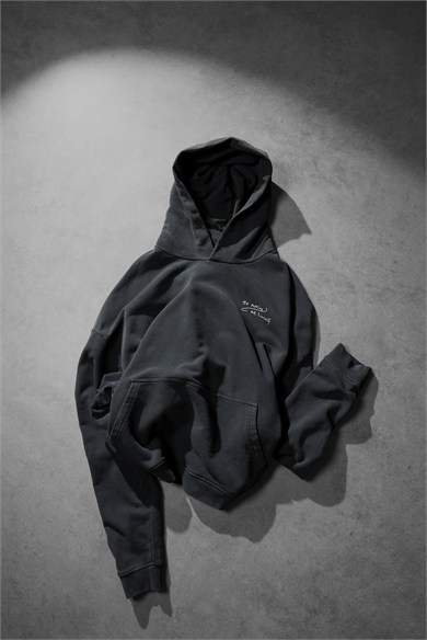 Erkek Siyah Himself Patch Özel Yıkamalı Oversize Hoodie