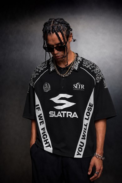 Erkek Siyah If We Fight  Polo Yaka Nakışlı Forma Tshirt