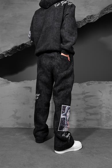 Erkek Siyah İllusion Nakışlı Patchli Yıkamalı Baggy Eşofman