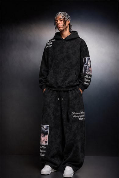 Erkek Siyah İllusion Nakışlı Patchli Yıkamalı Oversize Kapüşonlu Sweatshirt