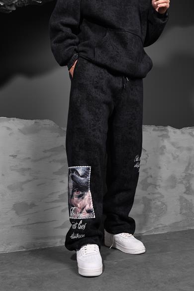Erkek Siyah İllusion Nakışlı Patchli Yıkamalı Baggy Eşofman