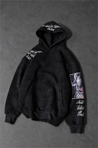 Erkek Siyah İllusion Nakışlı Patchli Yıkamalı Oversize Kapüşonlu Sweatshirt