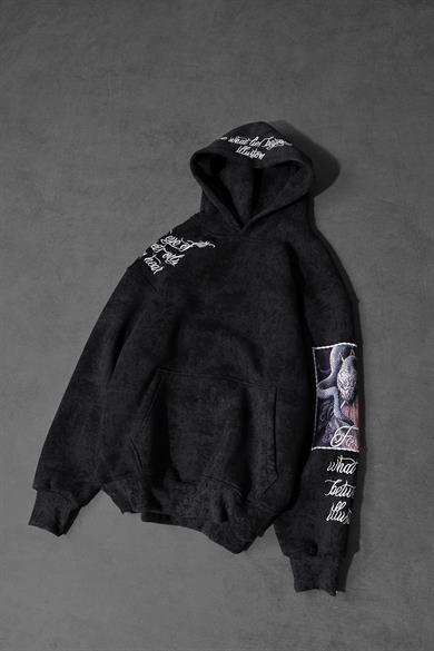 Erkek Siyah İllusion Nakışlı Patchli Yıkamalı Oversize Kapüşonlu Sweatshirt
