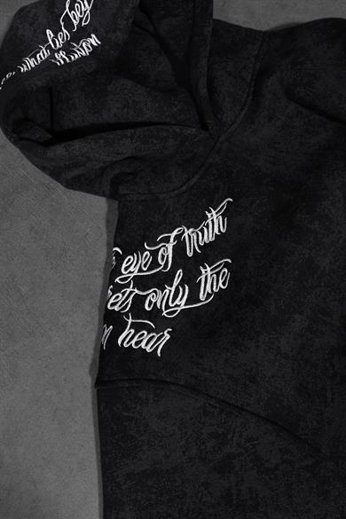 Erkek Siyah İllusion Nakışlı Patchli Yıkamalı Oversize Kapüşonlu Sweatshirt