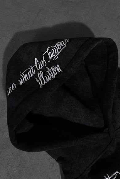 Erkek Siyah İllusion Nakışlı Patchli Yıkamalı Oversize Kapüşonlu Sweatshirt