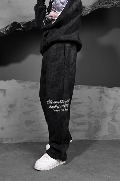 Erkek Siyah İllusion Nakışlı Patchli Yıkamalı Baggy Eşofman