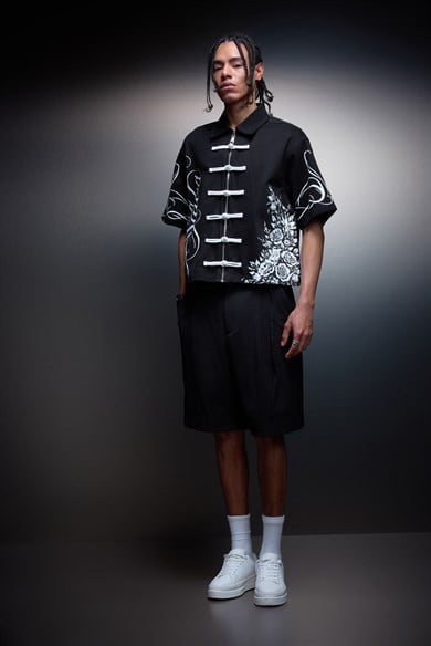 Erkek Siyah İmperial Knot Baskılı Kısa Kol Box Fit Gömlek