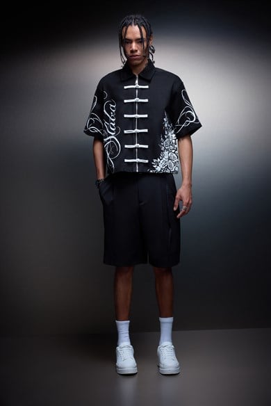 Erkek Siyah İmperial Knot Baskılı Kısa Kol Box Fit Gömlek