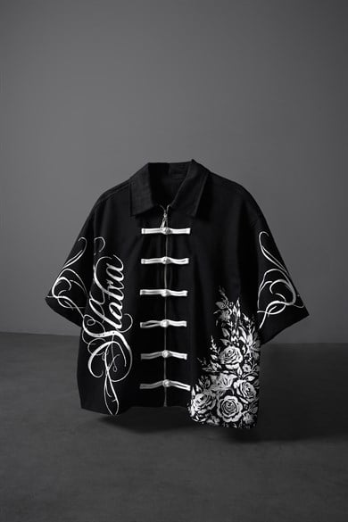 Erkek Siyah İmperial Knot Baskılı Kısa Kol Box Fit Gömlek