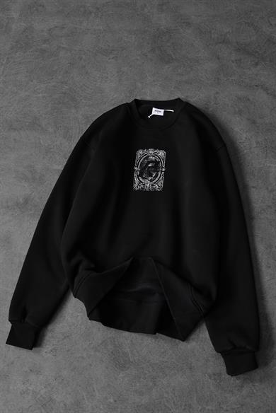 Erkek Siyah İndefinite Nakışlı Oversize Sweatshirt