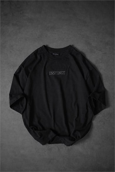 Erkek Siyah İnstinct Patch Nakışlı Oversize Tshirt