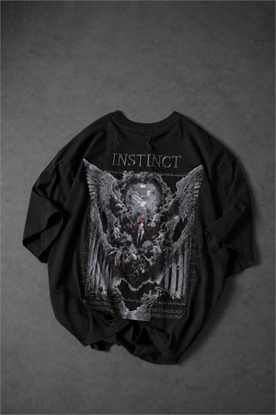 Erkek Siyah İnstinct Patch Nakışlı Oversize Tshirt