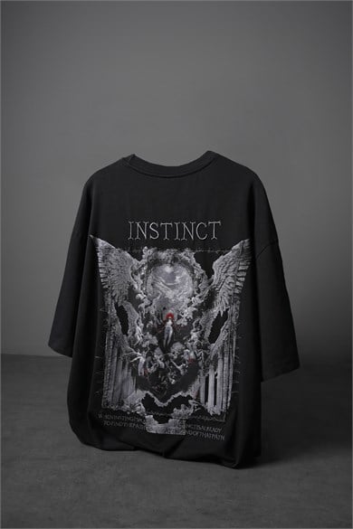 Erkek Siyah İnstinct Patch Nakışlı Oversize Tshirt
