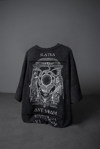 Erkek Siyah İnveniam Patchli Oversize Yıkama Efektli Tshirt