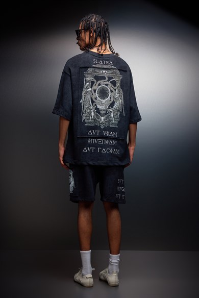 Erkek Siyah İnveniam Patchli Oversize Yıkama Efektli Tshirt