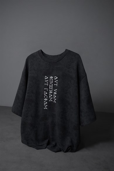 Erkek Siyah İnveniam Patchli Oversize Yıkama Efektli Tshirt