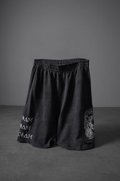 Erkek Siyah İnveniam Pathcli Yıkama Efektli Diz Üstü Şort