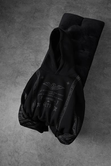Erkek Siyah Kabartma Baskı Kapüşonlu Oversize Sweatshirt