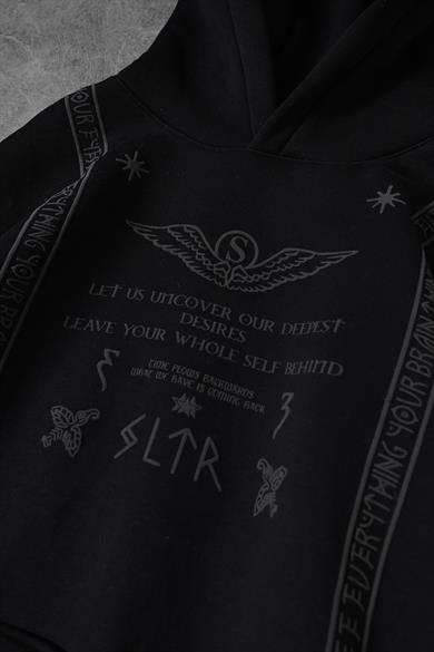 Erkek Siyah Kabartma Baskı Kapüşonlu Oversize Sweatshirt