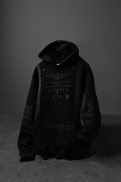 Erkek Siyah Kabartma Baskı Kapüşonlu Oversize Sweatshirt