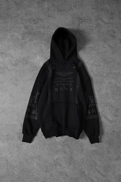 Erkek Siyah Kabartma Baskı Kapüşonlu Oversize Sweatshirt