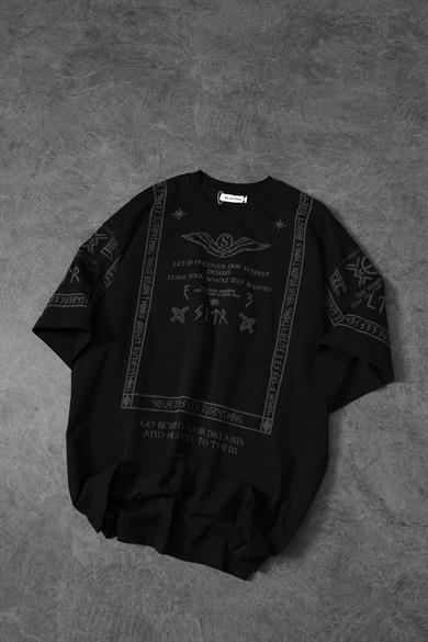 Erkek Siyah Kabartma Baskı Oversize Tshirt