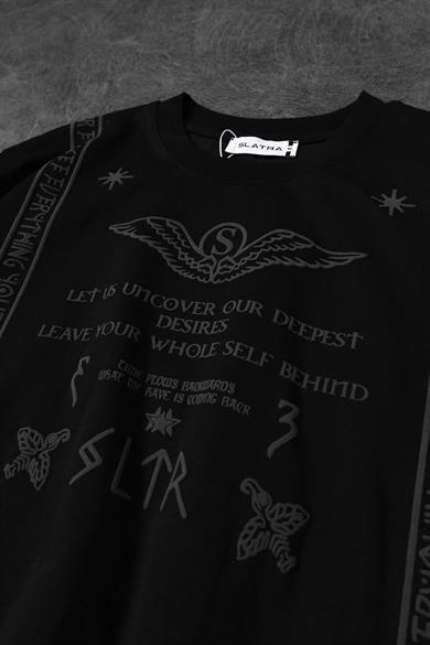 Erkek Siyah Kabartma Baskı Oversize Tshirt