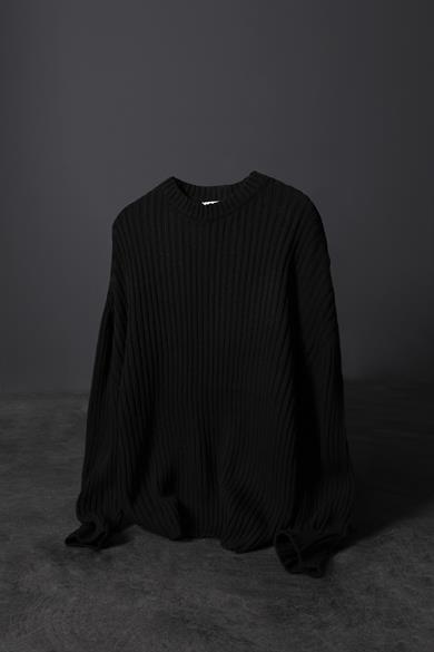 Erkek Siyah Kalın Fitilli Yün Karışımlı Bisiklet Yaka Oversize Kazak