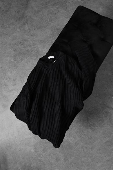 Erkek Siyah Kalın Fitilli Yün Karışımlı Bisiklet Yaka Oversize Kazak