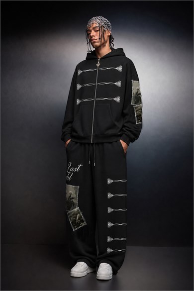 Erkek Siyah Knight Oversize Full Zip Hoodie