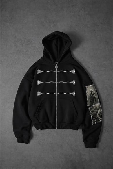 Erkek Siyah Knight Oversize Full Zip Hoodie