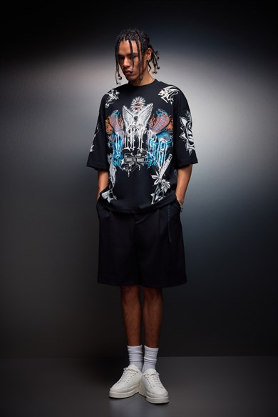 Erkek Siyah La Familia Es Todo Oversize Tshirt