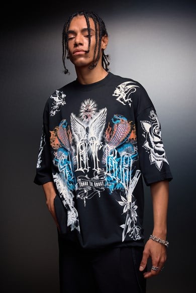 Erkek Siyah La Familia Es Todo Oversize Tshirt