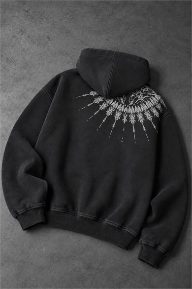 Erkek Siyah Mantra Özel Yıkamalı Oversize Hoodie